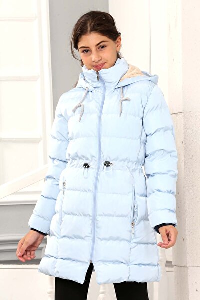 Buket Tekstil Girl's Blue Extra Soft Filling Waist Detailed Plush Hooded Faux Fur Coat