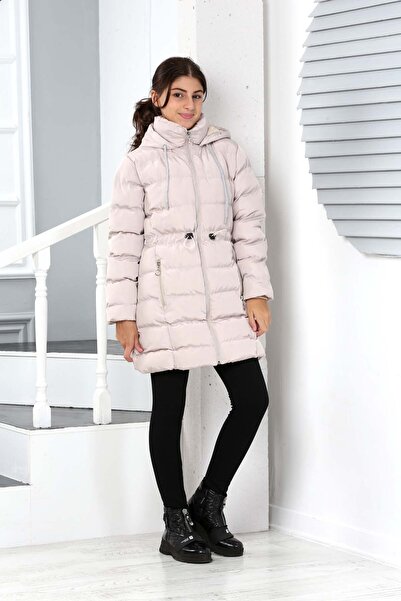 Buket Tekstil Girl's Stone Extra Soft Filling Waist Detailed Plush Hooded Faux Fur Coat