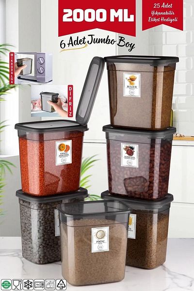 NY HOME 6 Pieces Jumbo Size - 2000 ml Anthracite Rectangular Storage Container