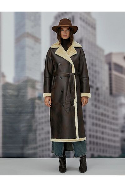 Koton Leather Look Long Coat Double Breasted Buttoned Plush Detail
