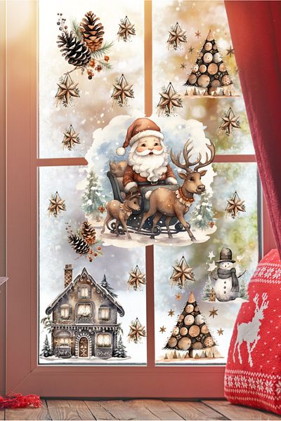 Sim Tasarım New Year Retro Nostalgic Winter Themed New Year Decorative Glass Sticker Set