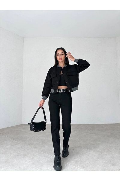 ByCukurovaFrango High Waist Women's Jeans - Black Move Mom Boyfriend Pants (Full Fit)