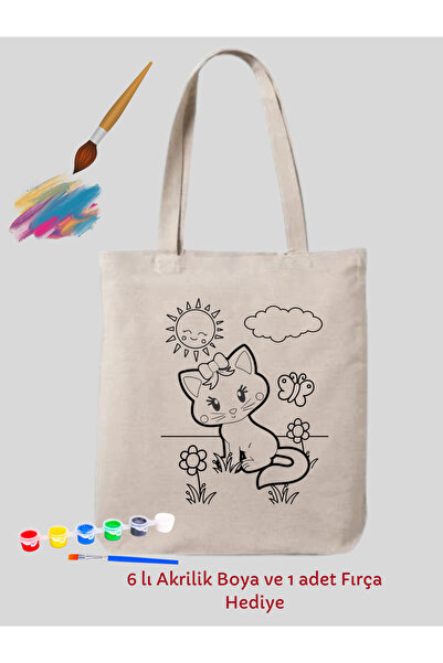 Cemira Kedi Tasarım Sınırlı Boyama Çantası Hobi Mandala 35*40 cm Ham Bez Çanta Boyama