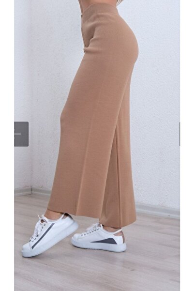 Nacar Kadın Kalın Kışlık Rahat Kalıp Bol Paça Comfort Beli Lastikli Triko Pantolon