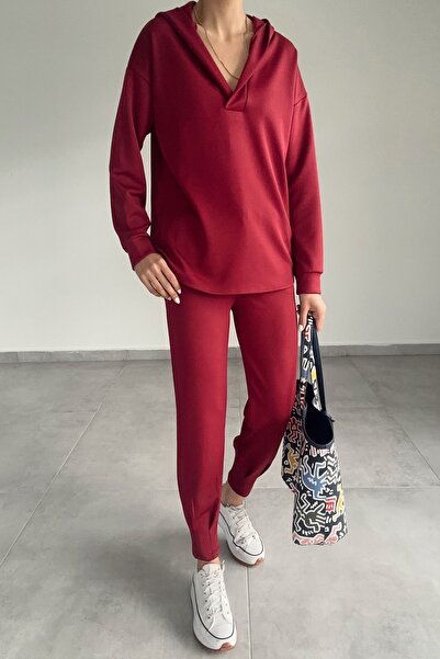 modavingo طقم نسائي مكون من قطعتين من قماش الغوص باللون العنابي