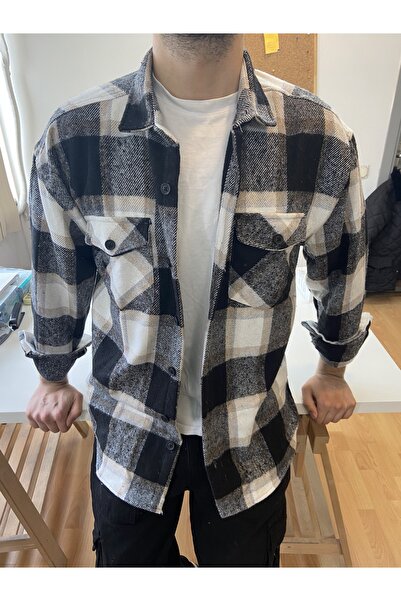 COOL TARZ Ανδρικό κρεμ-λευκό-μαύρο πουκάμισο ξυλοκόπο με διπλό πτερύγιο τσέπης