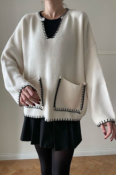 MAGARDE Embroidered Collar Knitwear Sweater - ECRU