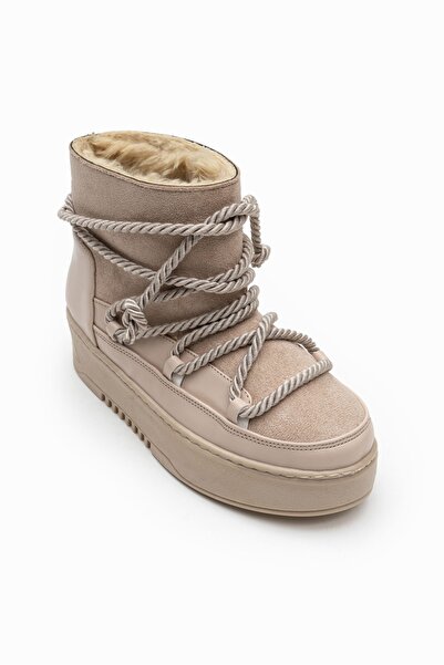 NİŞANTAŞI SHOES Vlněné béžové semišové provazové detaily Shearling Dámské boty s plochou podrážkou