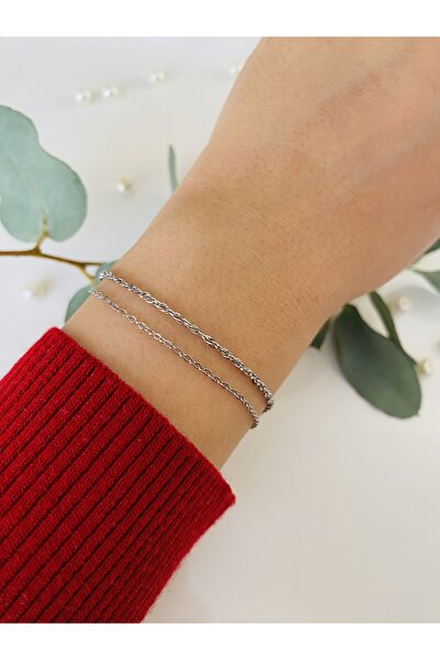 Fynbos سوار وخاتم مزدوج أنيق من الفولاذ المقاوم للصدأ باللون الفضي