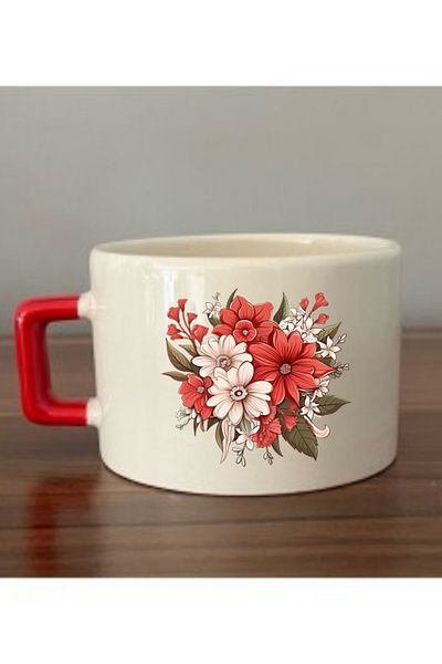 lili hediyelik Floral Printed Cup with Red Handle Ceramic Mug - Ceramic Tea, Coffee Gift Cup