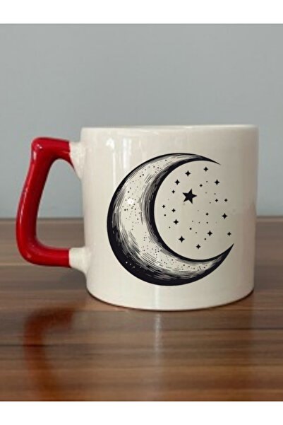 lili hediyelik كوب بمقبض أحمر مع صورة مطبوعة على شكل قمر ونجوم - كوب شاي من ا...