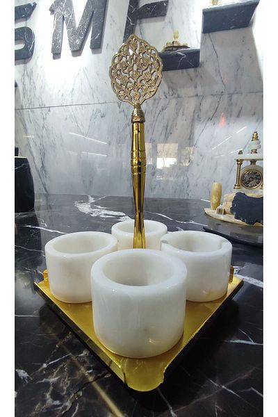Sümeyra Marble Art WHITE MARBLE SPICE COOKER SET OF 5 GOLD METAL STAND