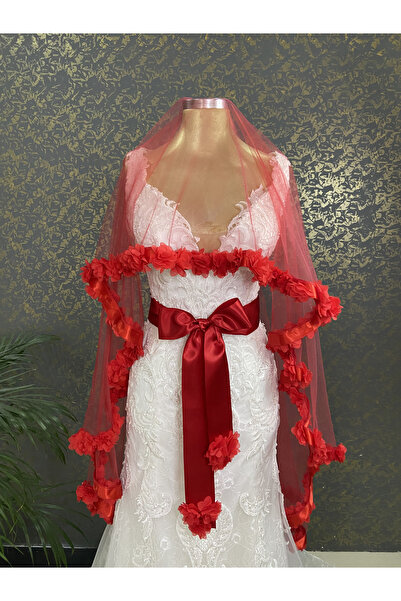 ecrin tuhafiye hobi Kırmızı Komple Üç Boyutlu Çiçekli Gelin Kına Duvağı Seti