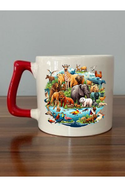 lili hediyelik Animal Kingdom Printed Red Handle Mug Cup - Ceramic Tea, Coffee Gift Cup