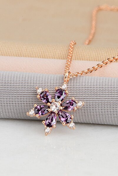 Bilsen Store 925 Ayar Gümüş Zincirli Rose Kaplama Ametist Damla Taşlı Kamelya Lotus Çiçeği Kolye