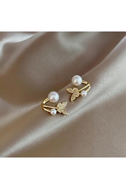 toptanhanem İnci Detaylı Zirkon Taşlı Altın Kaplama Kelebek Tasarım Çelik Küpe | Günlük, Spor ve Özel Günler İçi