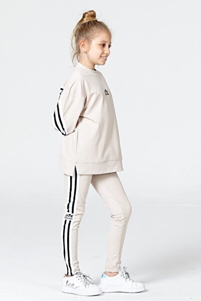 Black One Kız Çocuk Tayt Sweat Takımı Salaş Yırtmaçlı Şerit Detaylı