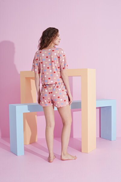 Siyah İnci colorful score patterned Lycra Knitted T-shirt-Shorts Pajama Set