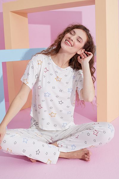 Siyah İnci Set de pijama tricotat Lycra cu model stea albă