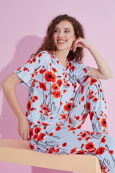 Siyah İnci Set de pijama tricotat Lycra cu model de flori albastre rosii
