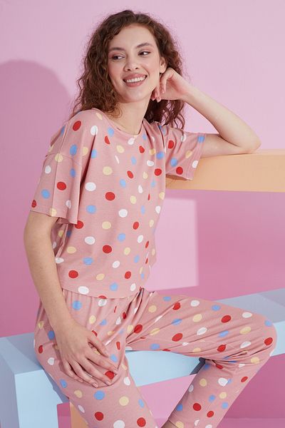 Siyah İnci colorful points patterned lycra Knitted Pajamas Set