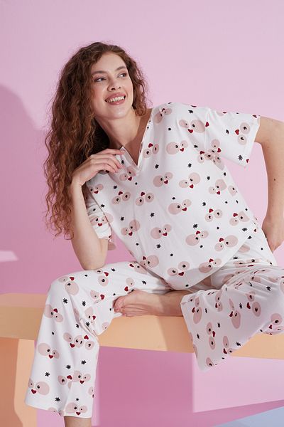 Siyah İnci Lycra Knitted Pajama Set with white eye pattern