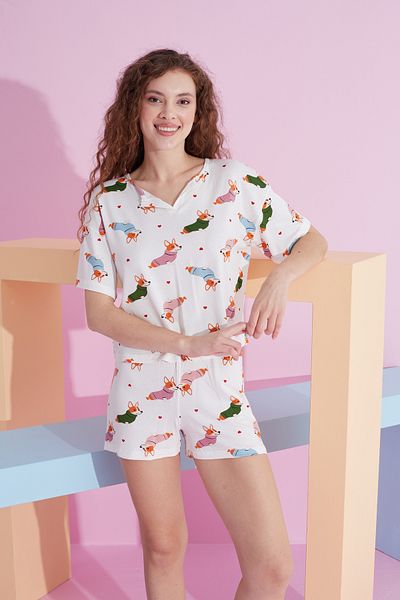 Siyah İnci πολύχρωμο μοτίβο σκύλου Lycra Πλεκτό T-shirt-Σορτς Πυτζάμες