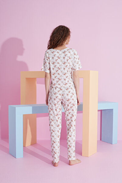 Siyah İnci beyaz çiçek desenli likralı Örme Pijama Takım