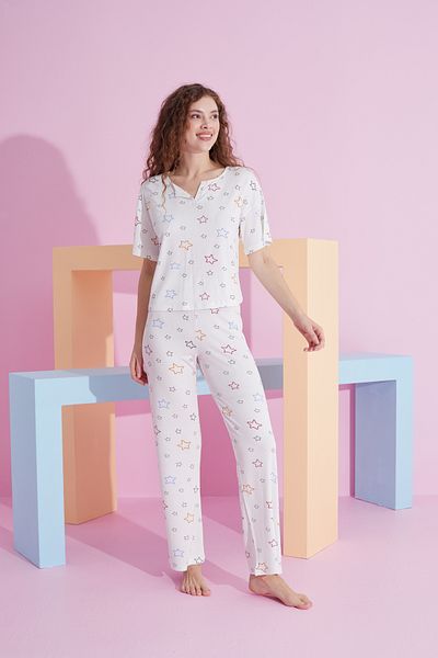 Siyah İnci white star patterned Lycra Knitted Pajama Set