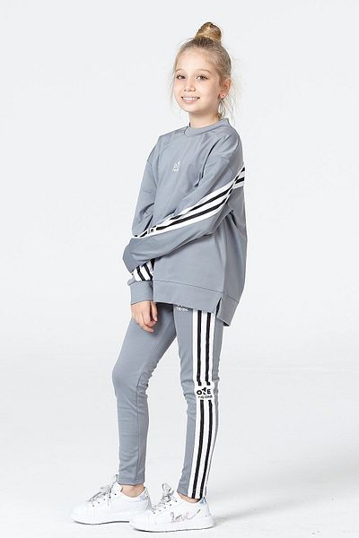 Black One Girl's Print Detailed Loose Slit Stripe Detailed Sports Stylish Tights-Sweat Set