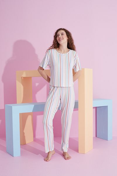Siyah İnci line patterned Lycra Knitted Pajama Set