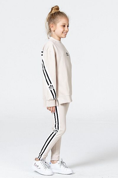 Black One Girl's Tights Sweat Set with Loose Slits and Stripe Detail