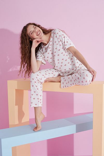Siyah İnci Set de pijama tricotat Lycra cu inimă albă roz