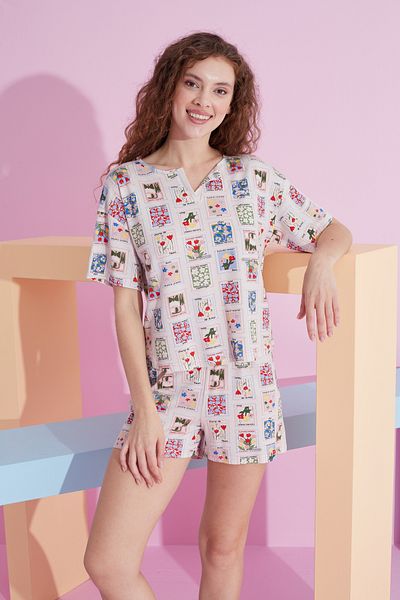 Siyah İnci sequin patterned Lycra Knitted T-shirt-Shorts Pajama Set