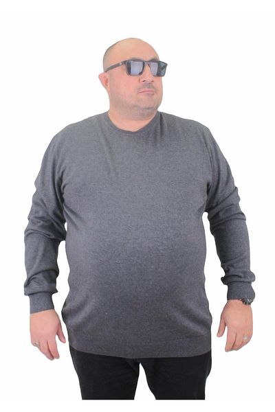 MocGrande Men's Large Size Crew Neck Basic Knitwear Sweater 23750 ANTHRACITE