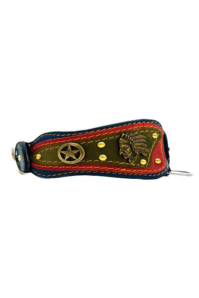 Tasma Market Navy Blue-Brown Luxury Leather Dog Collar with Viking and Star Figure