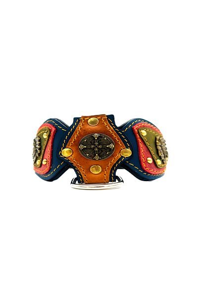 Tasma Market Navy Blue-Brown Luxury Leather Dog Collar with Viking and Star Figure