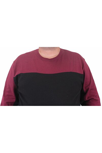 MocGrande Men's Large Size Crew Neck Double Color Knitwear Sweater 23751 Claret Red