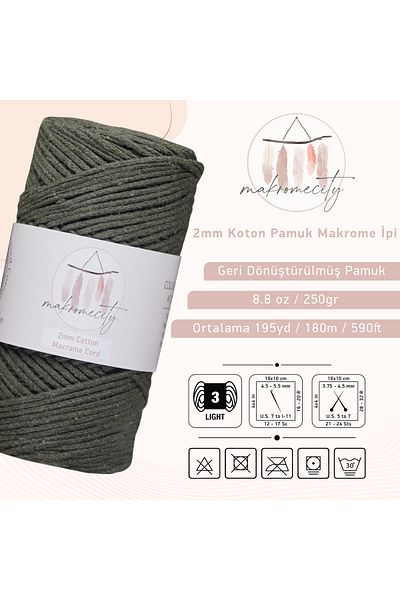 Makromecity Premium Koton Cotton Macrame Rope Khaki 200 Gr 150 Meters 2mm Cotton Chain Macrame Bag Rope Supla Rope