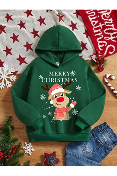 blausee wear Hanorac unisex cu tematică de Crăciun cu imprimeu Green Hooded S...