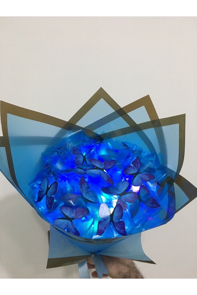 EK PAZARLAMA LED IŞIKLI 20 Lİ MASMAVİ KELEBEK ÇİÇEK BUKET İ- HEDİYE