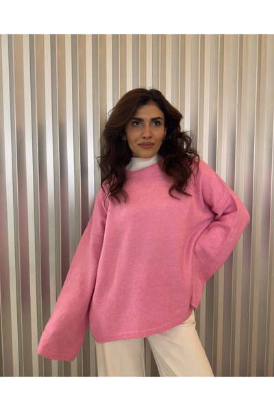 deqfashion Kadın Pembe Oversize Bisiklet Yaka Triko Kazak