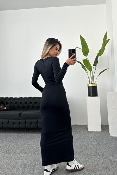 Look Kadıköy Černé Maxi šaty s dlouhým rukávem a výstřihem