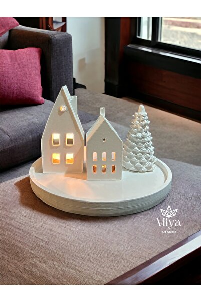 Miya Art Studio Beton Tealight Ev Mumluk , Tepsi ve Çam Ağacı Seti