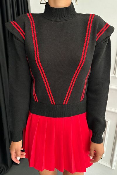lovebox Slim Fit Narrow Cut Red Stripe Detailed Long Sleeve Black Women's Sweater 2540