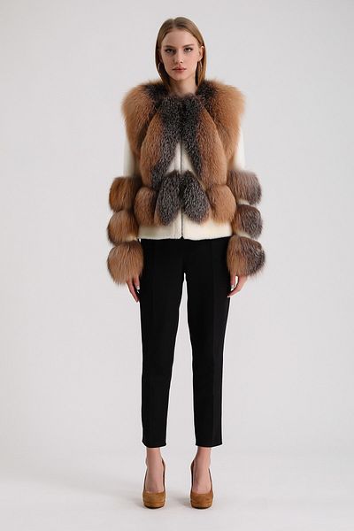 Leather Club Ecru Natural Fox Wool Jacket with Fur Accessories