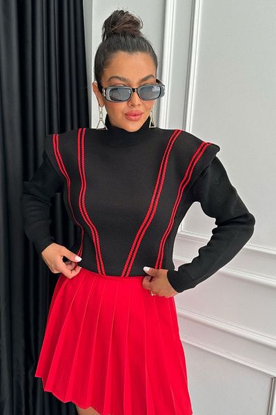 lovebox Slim Fit Narrow Cut Red Stripe Detailed Long Sleeve Black Women's Sweater 2540
