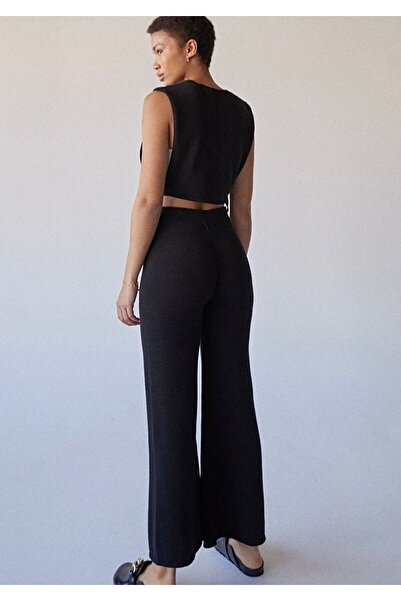 AS Anita Store Siyah Wide Leg Bol Paça Beli Lastikli Triko Pantolon
