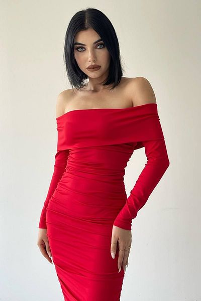 lovebox Elastyczna, piaskowa tkanina, długość midi, ołówkowy krój, dekolt bez ramiączek, długi rękaw, czerwona suknia wieczorowa 189