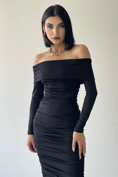 lovebox Flexibilní Sandy Fabric Midi délka Tužkový střih Bez ramínek, Dlouhý rukáv Černé večerní šaty 189